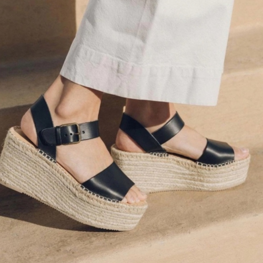 Soludos Black Leather Espadrille Platform Sandals